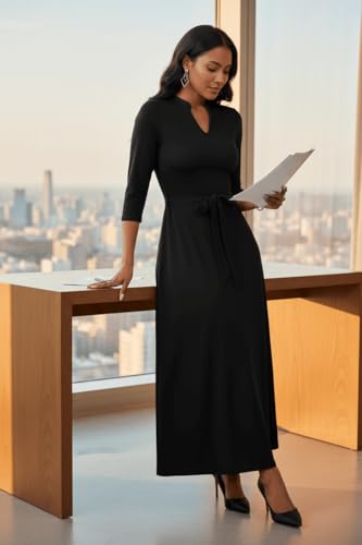 Image of FANDEE Maxi Dress for Women, Casual V Neck 3 /4 Sleeve Long Dresses with Pockets