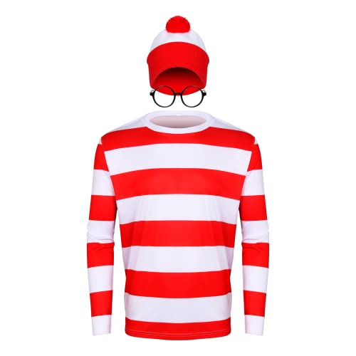 PARTYEVER Adult Men Halloween Red and White Striped Long Sleeve Tee Shirt Glasses Hat Outfit Suit...