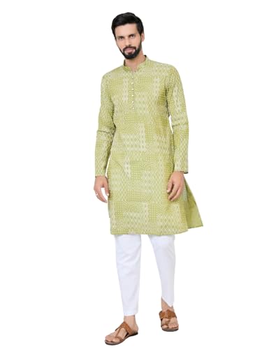 Image of See Designs Men's Full Sleeve Mandarin Collar Floral Embroidered Mandarin Collar Thread Work Straight Long Kurta - Festive Collection