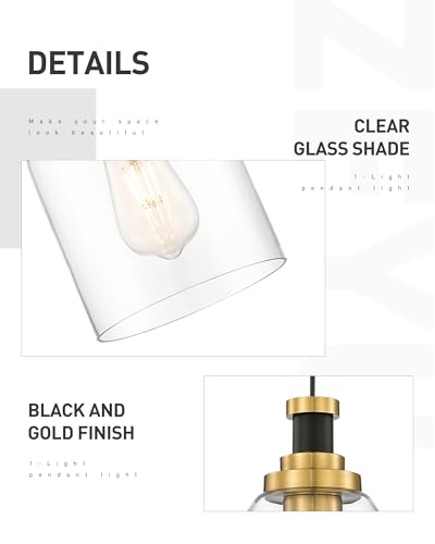 Image of zeyu Glass Pendant Lights Kitchen Island 2 Pack, Modern Hanging Light for Kitchen Sink Dining Room, Clear Glass Shade, Black and Gold Finish, ZG33M1L-2L BK+BG