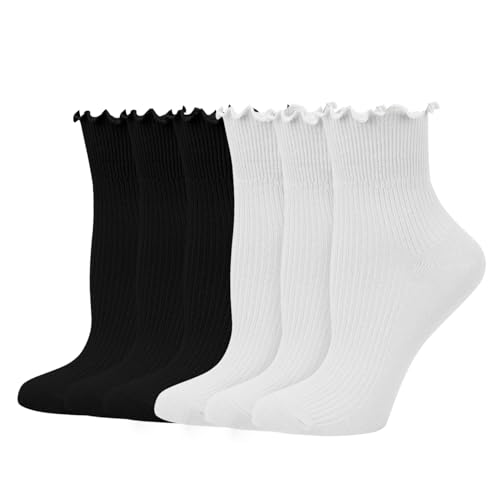 BIVOLU Womens Ankle Socks Ruffle Cotton Cute Frilly Trim Breathable Ruffled Socks 6 Pack