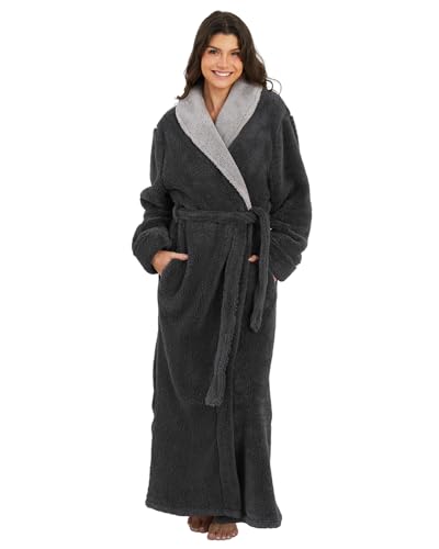 ZFSOCK Albornoz Mujer Larga Invierno: Bata Polar Suave y Grueso con Bolsillos y Cinturón Albornoz Microfibra Ideal para Hogar Hostelería Ducha Piscina Regalo - Gris M