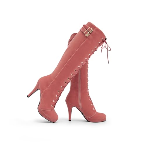 Image of getmorebeauty Womens Knee High Boots Suede Buckle Rock Lace Up Zipped Thigh High Heel Boots
