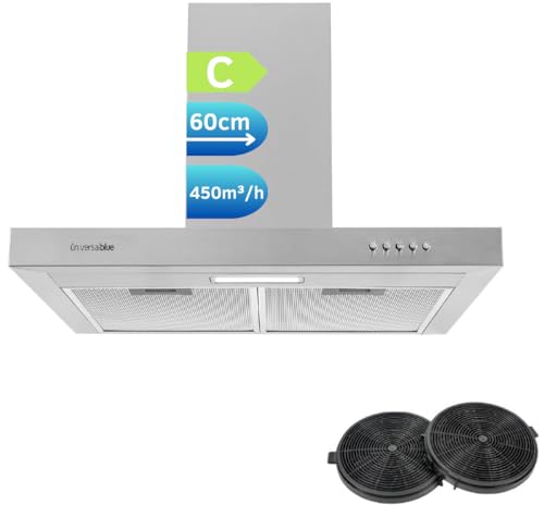 UNIVERSALBLUE Campana T Acero Inoxidable Potencia 450 m³/h | Extractor de Humos Eléctrico de 60 cm de Pared para Cocina | Luz LED | 3 Velocidades | Filtros de Carbono Incluídos