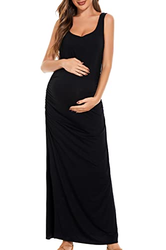 Smallshow Women's Split Long Maternity Dress Sleeveness Ruched Pregnancy Clothes Medium Black #TOP1