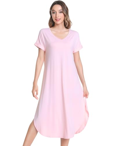Image of NACHILA Nightgowns for Women-Viscose Made from Bamboo, V Neck Sleepshirts Short Sleeve Sleepwear Cool Nightshirt