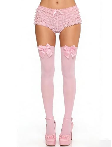 Avidlove Pink Thigh High Socks with Satin Bow Women Opaque Thigh High Socks over Knee for Daily Wear Pink