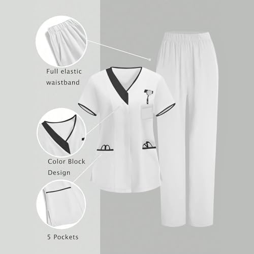 Image of 2026 Scrub for Cleaning Jobs Uniform, Multi Pockets Scrubs for Women Sets, V-Neck Top & Straight Leg Pants Scrubs Set