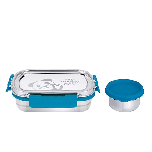 Image of PDDFALCON Stainless Steel Recta Munchy with Panda Print with 100% Leak-Proof, BIS Certified, Jindal Seal & Made in India Lunch Box - 875ml (Recta Munchy Turkish Blue, 875ml)