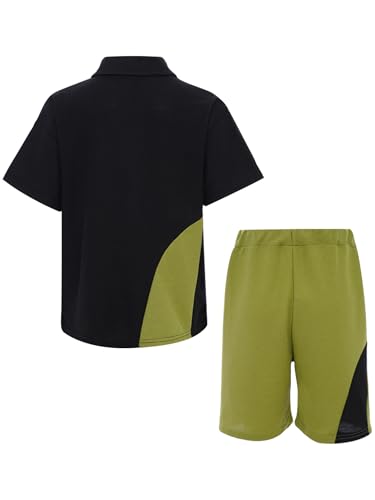 Kids Boys Athletic Outfit Color Block Short Sleeve Lapel T-shirt With Loose Shorts For Sports Green XX-Large4