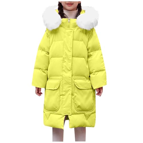 Slxbear Chaqueta larga acolchada para niñas con capucha de piel sintética para invierno, resistente al viento, con capucha, estilo casual, para exteriores, cortavientos, longitud media, para