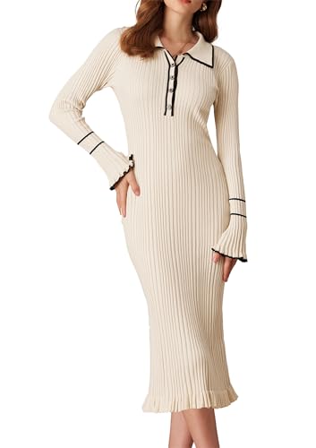 GRACE KARIN Lady's Formal Slim Fit Business Office Dresses Dressy V Neck Maxi Wedding Guest Ribbed Knit Dress Apricot S