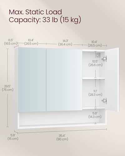 VASAGLE KAILYN Collection - Medicine Cabinet Mirror, Bathroom Wall Mirror Cabinet with Storage, Open Compartment, Adjustable Shelves, 6.5 x 35.4 x 29.5 Inches, Cloud White UBBK130W01