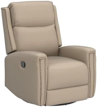 HULALA HOME Genuine Leather Swivel Rocker Recliner, Manual Glider Recliner Chair with Adjustable Backrest & Footrest, Modern Home Theater Lounge Sofa Armchair for Living Room Bedroom, Beige