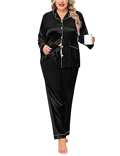 SWOMOG Women Plus Size Long Sleeve Pajamas Silk Satin Pajama Sets Button Down Sleepwear Pjs Loungewear with Pockets2
