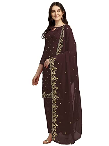 Ethnic Junction Women's Georgette Embroidered Unstitched Salwar Suit Dress Material, Brown, 2XL
