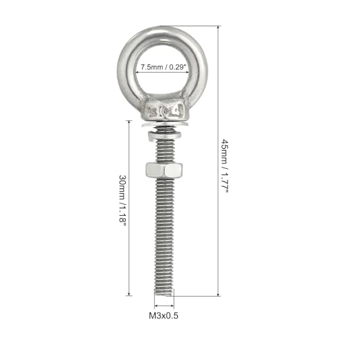 Image of uxcell M3*30 1 /8 inchx1.18 inch Stainless Steel Eye Bolts Threaded Screw Eyebolt Shoulder Ring with Nuts Washers for Lifting Hanging, 2 Set