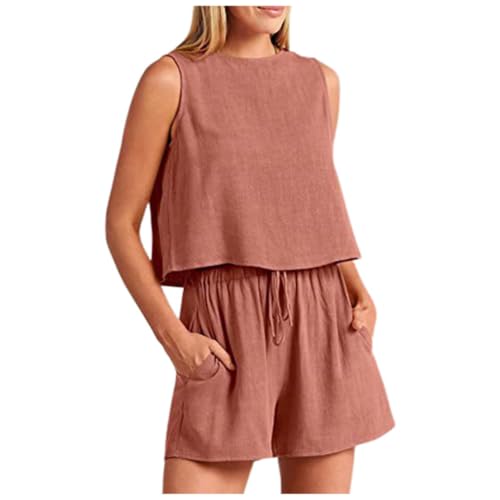 Conjunto de lino de 2 piezas ropa de verano mujer con top corto y pantalones cortos