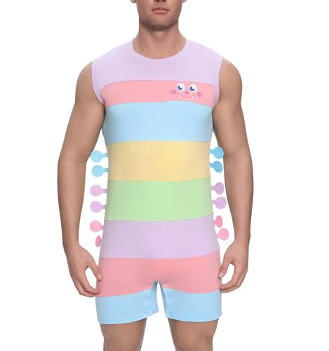 Adult Onesie for Men Sleeveless Bodysuit Romper Pajamas Colorful Striped Tank Top Funny Cosplay Outfit4