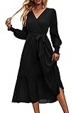 PRETTYGARDEN Women's Floral Print Boho Dress Long Sleeve Wrap V Neck Ruffle Belted A-Line Flowy Maxi Dresses (Solid Black,Large)