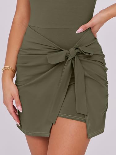 Image of Caracilia Women Summer Sleeveless Bodycon Tie Cinched Waist Romper Skort Mini Dress Built in Shorts Night Out Vacation Dress