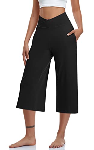 Image of TARSE Womens Casual Wide Leg Yoga Capris Crossover High Waist Capri Pants Loose Soft Pajama Pockets Sweatpants