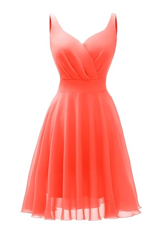 Dressever Summer Cocktail Dress V-Neck Adjustable Spaghetti Strap Chiffon Sundress Coral L