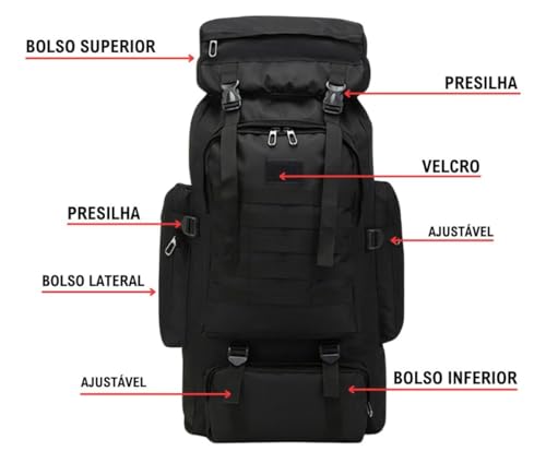 Mochila Cargueira Camping Impermeável 80litros Travessia Trilha Preta Desenho do tecido Liso Qualida