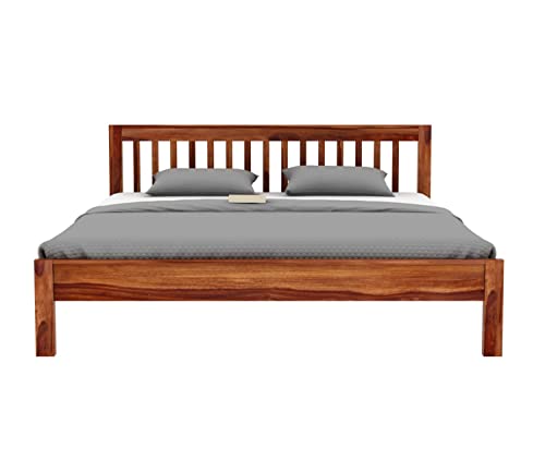 Image of Sheesham Wood Queen Size Bed Without Storage | Wooden Double Bed Cot Palang Furniture for Bedroom Living Room Home (Honey Finish)