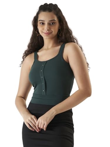 Image of PRETTIFY Green Solid Cotton Blend Crop Top