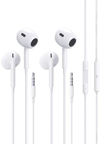 2 Pack Earphones, In-Ear Headphones Wired Earbuds, Half in Ear Earphones 3.5mm Jack, Wired Headphones with Microphone and Volume Control for Phone, Smartphone, MP3, Most 3.5mm Audio Devices