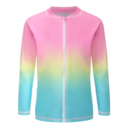 Image of Girls Swim Shirts, Long Sleeve Rash Guard Swimsuits with Full Zipper Sun Protection Bathing Suit Quick Dry Swimwear for Kids