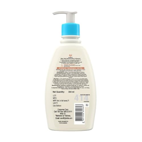 Image of Aveeno Baby Daily Moisture Wash and Shampoo (354ml) | Cleanses hair & body | Oat kernel extract & glycerin | Tear-free, soap-free, paraben-free, hypoallergenic | US #1 Pediatrician recommended