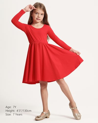 Image of Stelle Long Sleeve Girls Dress Toddler Dresses Skater Twirl Cotton A-Line Dress for School Casual | Criss Cross Back,Crew Neck,High Waist,Spinny Swing,Stretchable,Spring Fall Winter,Casual School Birthday Dance