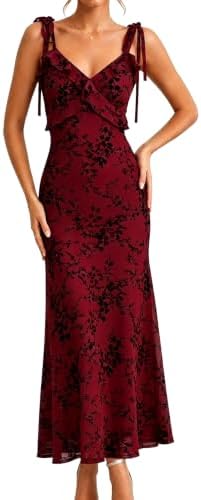 RIHOAS Women's Boho Maxi Floral Dress - Elegant Flowy Sundress | Formal Homecoming Wedding Guest Summer Beach Vestidos, Red, M