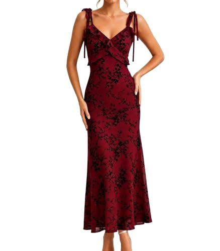RIHOAS Women's Red Floral Midi Dress Wedding Guest Cocktail Semi-Formal