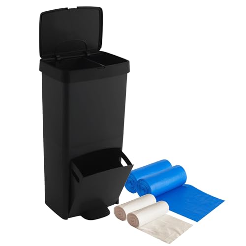 Pack Cubo de basura o reciclaje 70L en NEGRO, VERTICAL, 2 Compartimentos, Papelera residuos, 76 cm, INCLUYE bolsas de basura adaptadas 30+10L