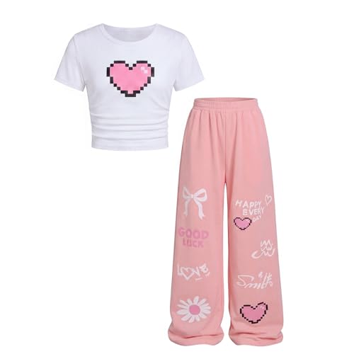 Image of Girls Clothes 2 Piece Cute Pixel Heart-Print Top Graffiti-Print Pants Sets | Trendy Y2K Inspired Outfit with Fitted Top and Wide Leg Bottoms, Casual Streetwear for Teens Girls 7-14Y
