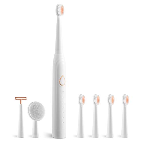 Electric Toothbrush, with 6 Brushing Modes, Smart Timer and IPX7 Waterproof, with 5 Dupont Brush Heads, 1 face Washing Brush Head, and 1 Facial Massage Brush Head