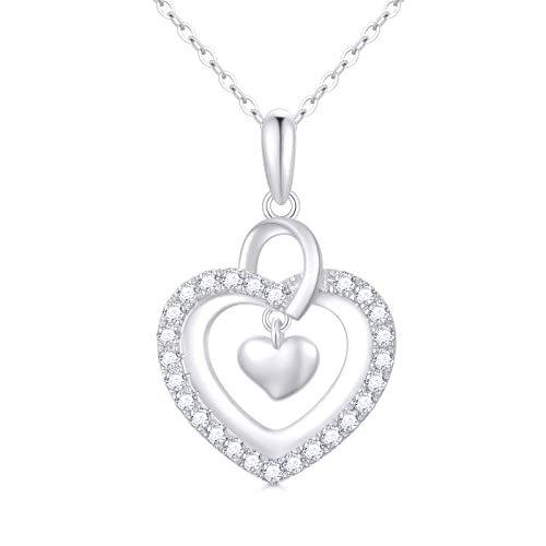 SISGEM Real 14k White Gold Diamond Heart Necklace for Women Anniversary Jewelry Present for Her, 16-18 Inch