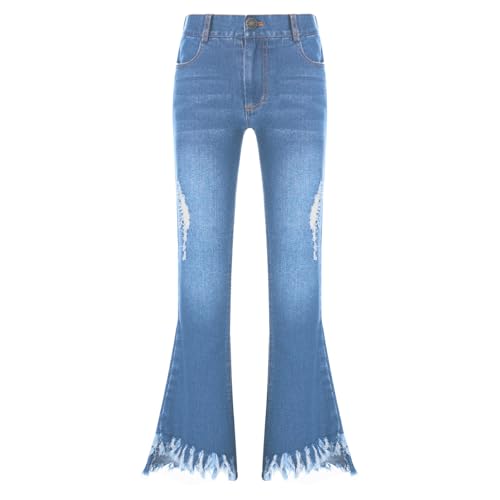 Linjinx Kids Girls Ripped Flared Bell Bottom Jeans Raw Hem Elastic Waisted Denim Pants with Bowknot
