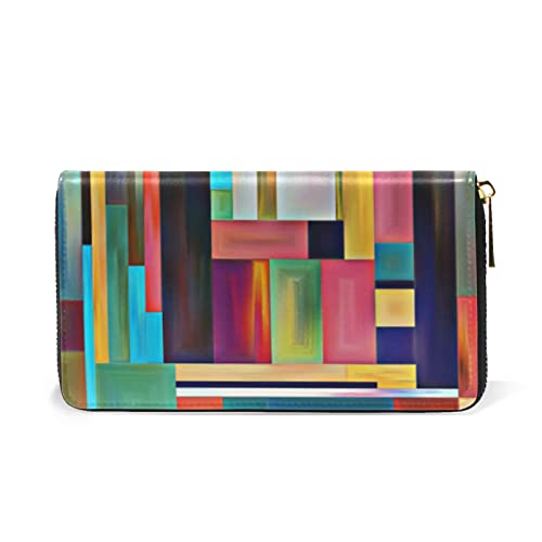 Colorful Checker Plaid Multicolored Stripes Abstract Wood Style Paint Leather Long Wallet Organizer with Zipper Purse Clutch Bag for Women Men2