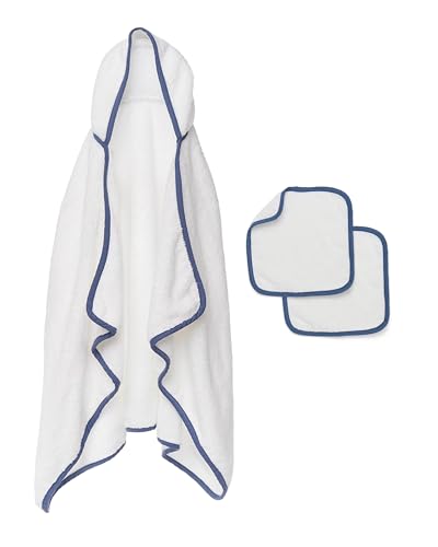 Image of Lalo The Hooded Towel & Washcloth Set, 100% Organic Cotton, Soft on Sensitive Skin, Durable & Absorbent, Machine Washable, Includes One Baby Towel and Two Washcloths - Blueberry