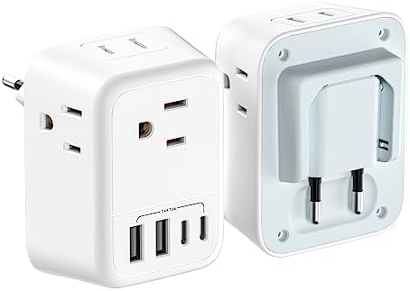 European Travel Plug Adapter, HITRENDS Canada US to Europe Plug Adapter with 4 American Outlets & 2 USB Ports & 2 USB C, 8 in 1 Travel Adapter to Most of Europe Portugal Spain France(Type C) – 1 Pack