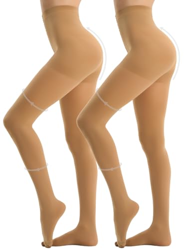 Yilanmy 2 Paar Kompressionsstrumpfhose Damen 80D Blickdichte Shape Bauchweg Strumpfhosen Figurformend Stützstrumpfhose(Hautfarbe L-XL)