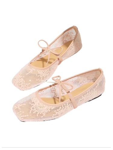 BEAUDRM Womens Polka Dots Mesh Ballet Flats Bowknot Pointed Toe Ballerina Flats Closed Toe Comfortable Casual Work Shoes Light Pink 8