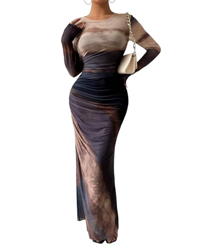MARZXIN Womens Long Sleeve Maxi Dress Bodycon Ruched Natural Slim Fit Tie Dye Dress Cocktail Dresses Mesh Dress