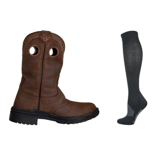 TuffRider Ladies Leigh Round Toe Western Boot- Brown-With Free Assorted Striped Socks