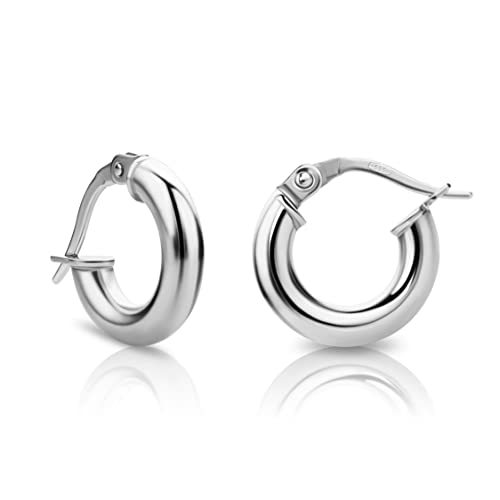 14K Gold Earrings for Women in 14K White Gold 585 Round Hinge Backs Loops, Huggies, Gold Hoops Earrings 0.55Inch Hypoallergenic Earrings for Women, Woman's Jewellery Delivered in Jewelry Box2