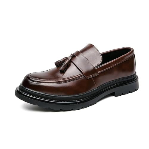 Men's Leather Tassel Loafers with Block Heel